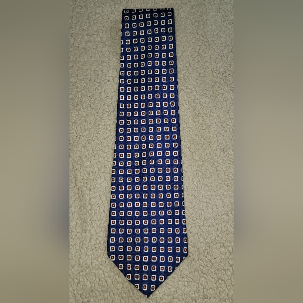 Vintage Lauren Ralph Lauren Men's Silk Tie, Blue Geometric Pattern, Hand Finishe